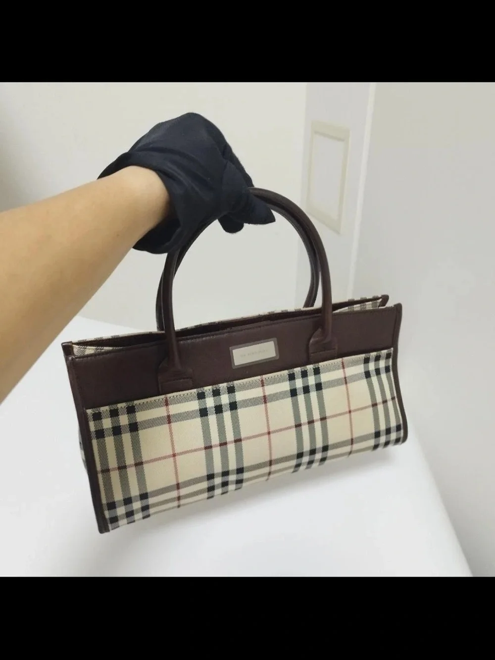 Burberry Plaid Top-Handle Satchel in Cream and Brown